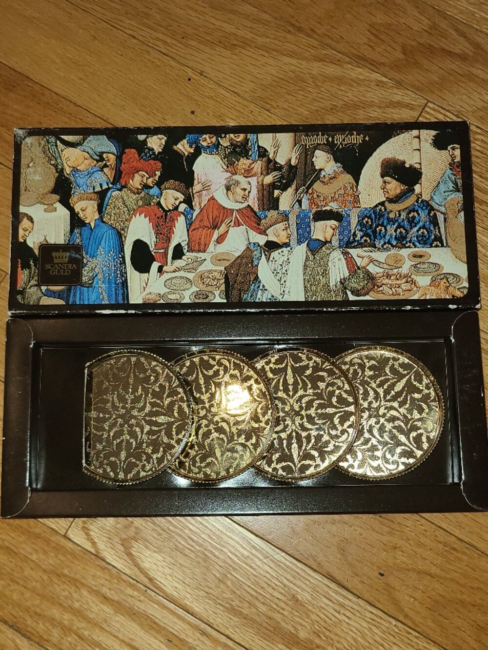Scandia Guld Coasters Gold Plated Set Of 4 Original Box Vintage Made In Sweden
